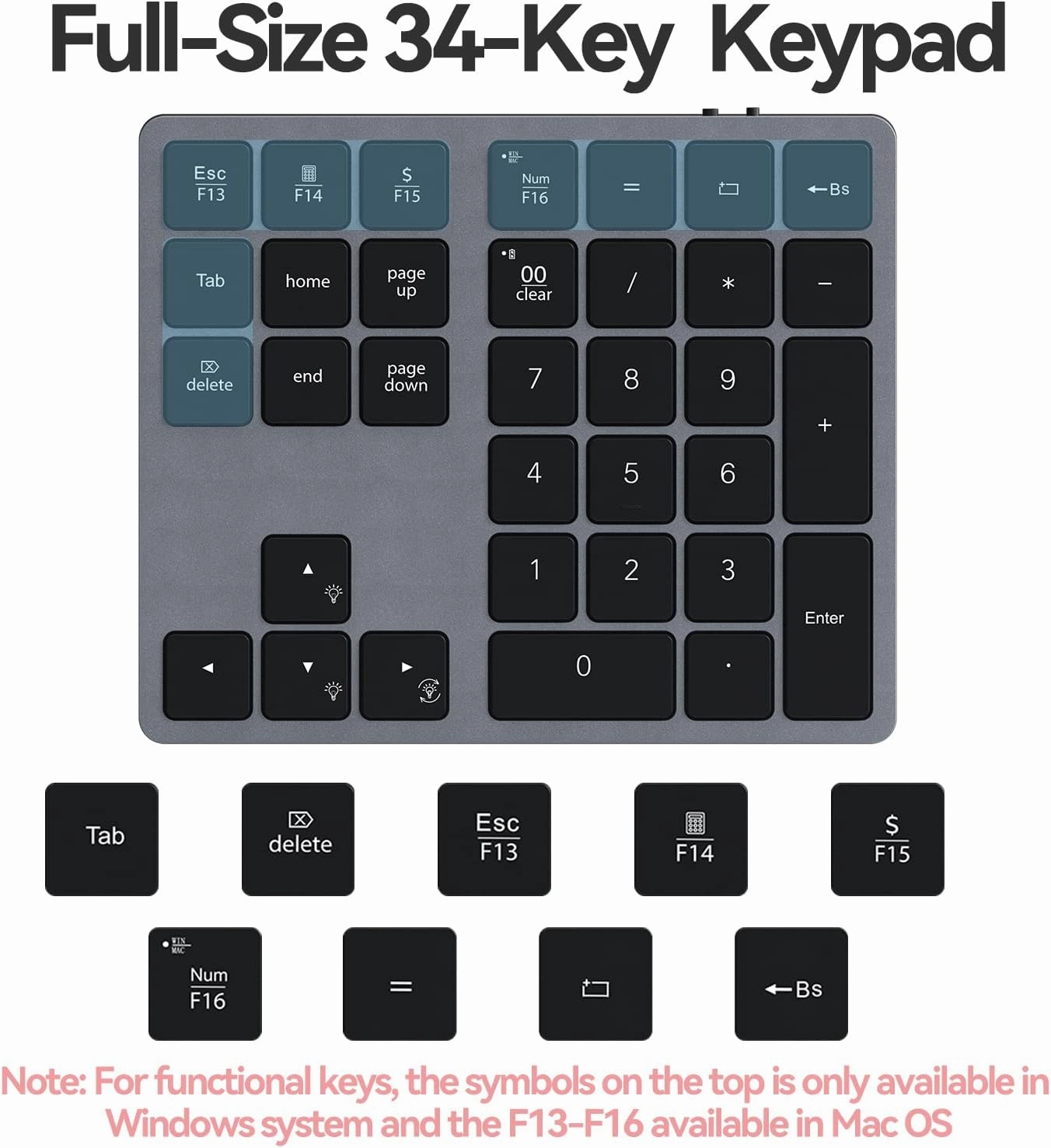 Doohoeek Backlit Bluetooth Numeric Keypad for Laptops and Computers, Number Pads 34 Keys with 7-Color Backlight for MacBook & Windows, Gray