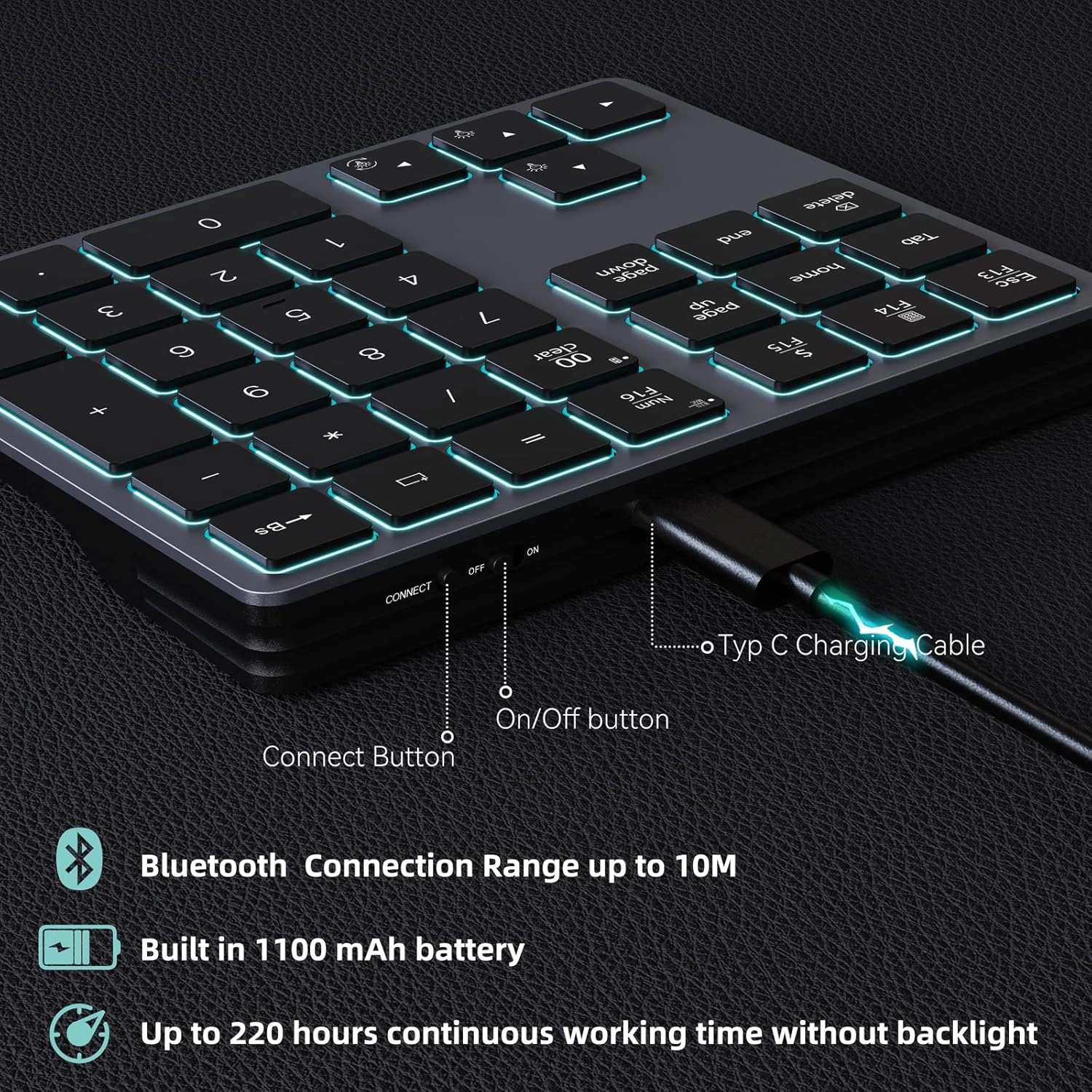 Doohoeek Backlit Bluetooth Numeric Keypad for Laptops and Computers, Number Pads 34 Keys with 7-Color Backlight for MacBook & Windows, Gray