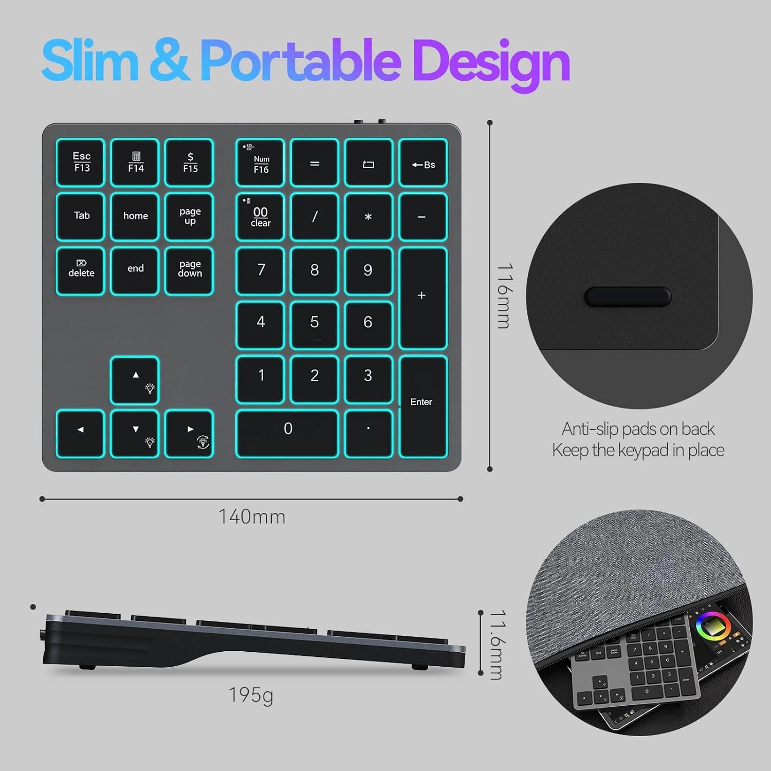 Doohoeek Backlit Bluetooth Numeric Keypad for Laptops and Computers, Number Pads 34 Keys with 7-Color Backlight for MacBook & Windows, Gray