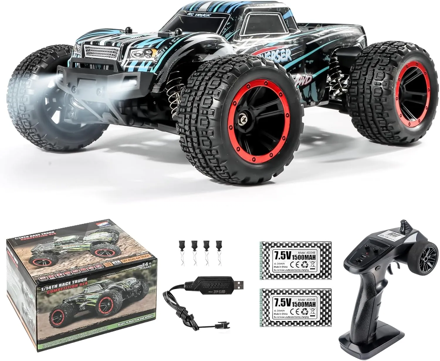 Double Delight Remote Control Car, 1:14 Scale RC Truck 38  KM/H Speed, 2.4G All-Terrain Off-Road Truck Toy Gifts for Boys and Adults with 2 Rechargeable Batteries Provide 40  Min Playtime (Blue)