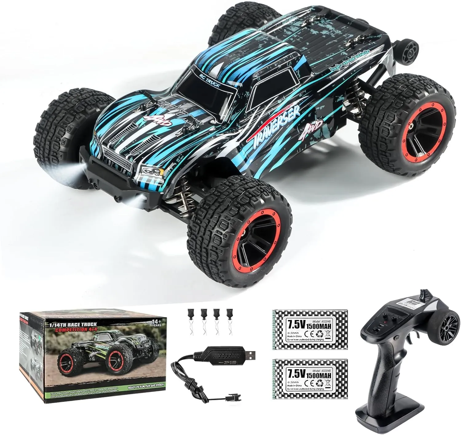 Double Delight Remote Control Car, 1:14 Scale RC Truck 38  KM/H Speed, 2.4G All-Terrain Off-Road Truck Toy Gifts for Boys and Adults with 2 Rechargeable Batteries Provide 40  Min Playtime (Blue)