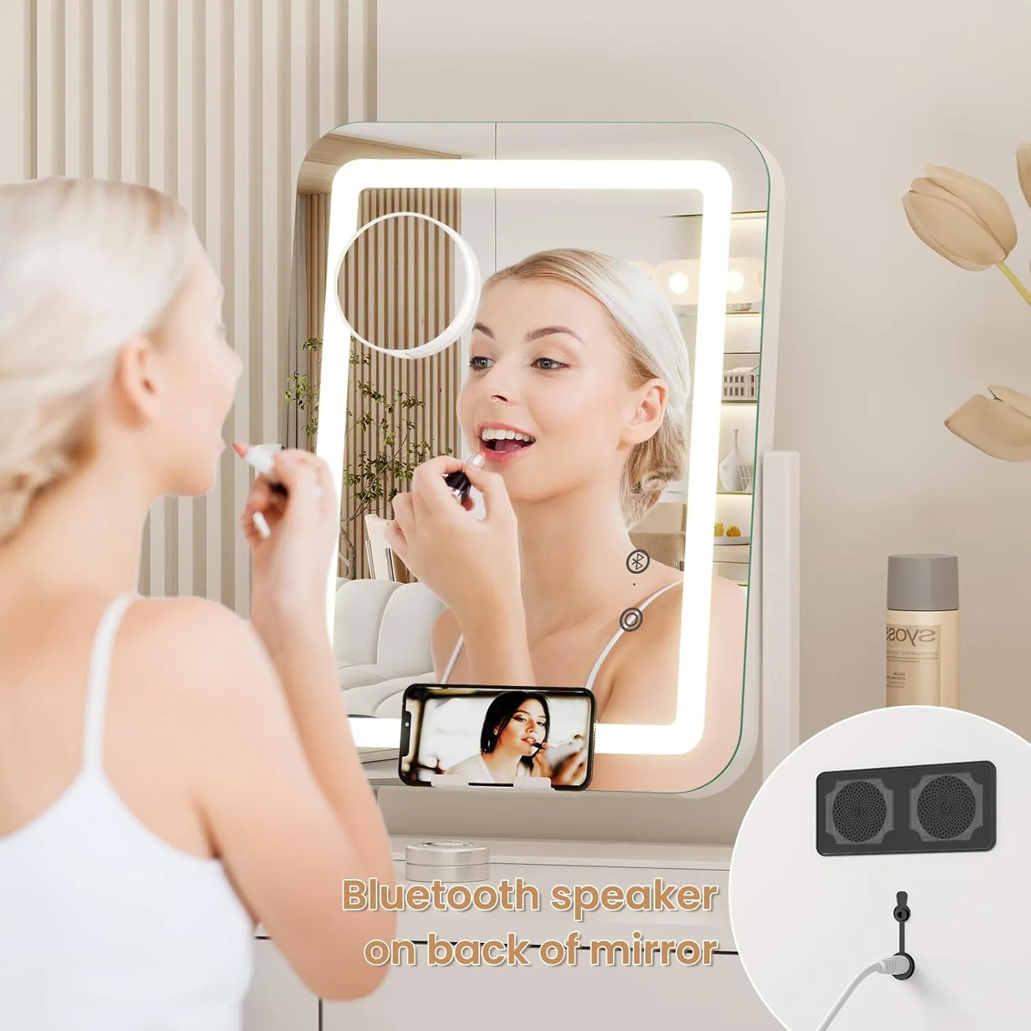 Dripex 15"x12" LED Lighted Makeup Mirror with 12V 2A Wireless Charging Bluetooth Speaker Makeup Vanity Mirror with Lights 3 Colors Dimmable Touch Keys Phone Holder 10X Magnification for Vanity Desk
