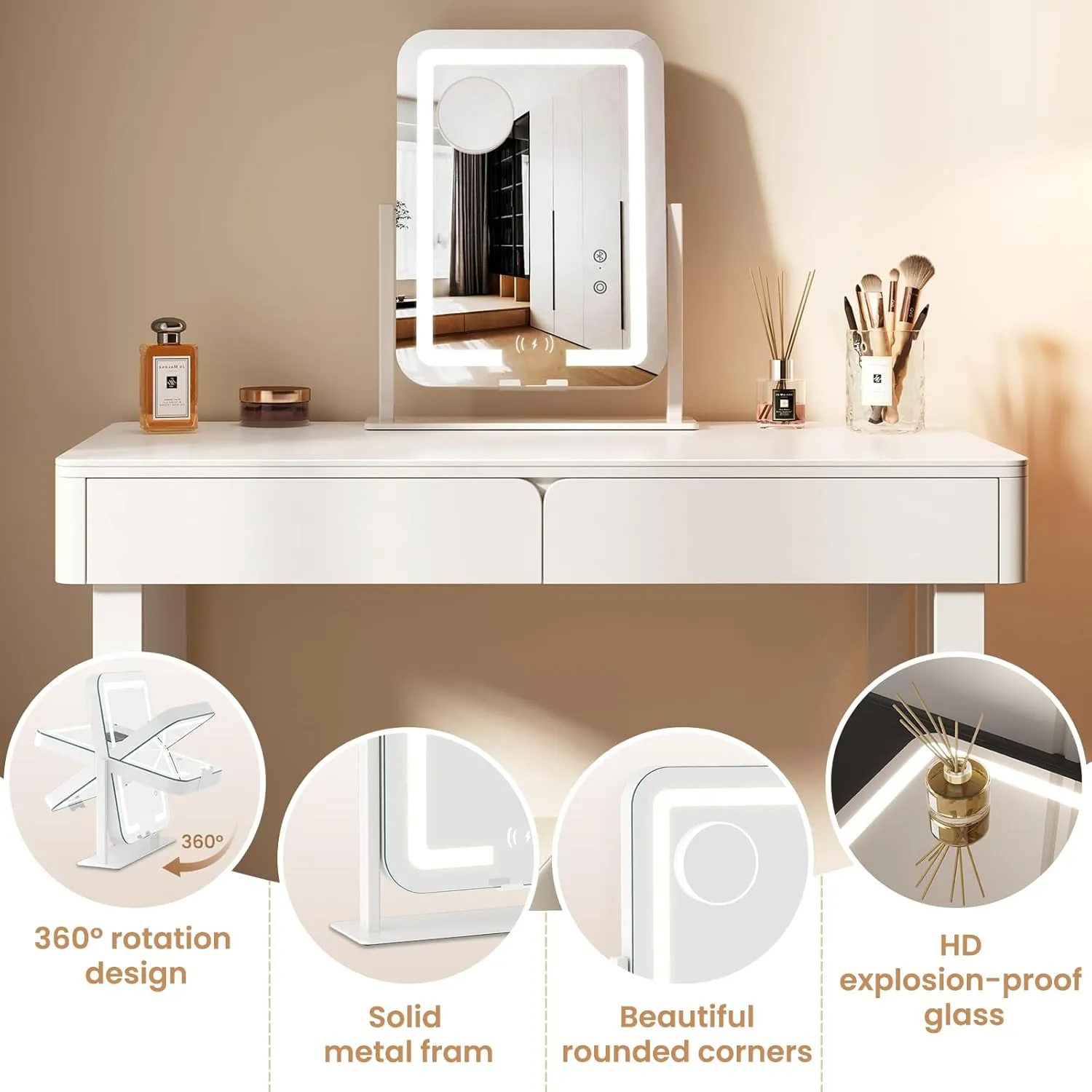 Dripex 15"x12" LED Lighted Makeup Mirror with 12V 2A Wireless Charging Bluetooth Speaker Makeup Vanity Mirror with Lights 3 Colors Dimmable Touch Keys Phone Holder 10X Magnification for Vanity Desk