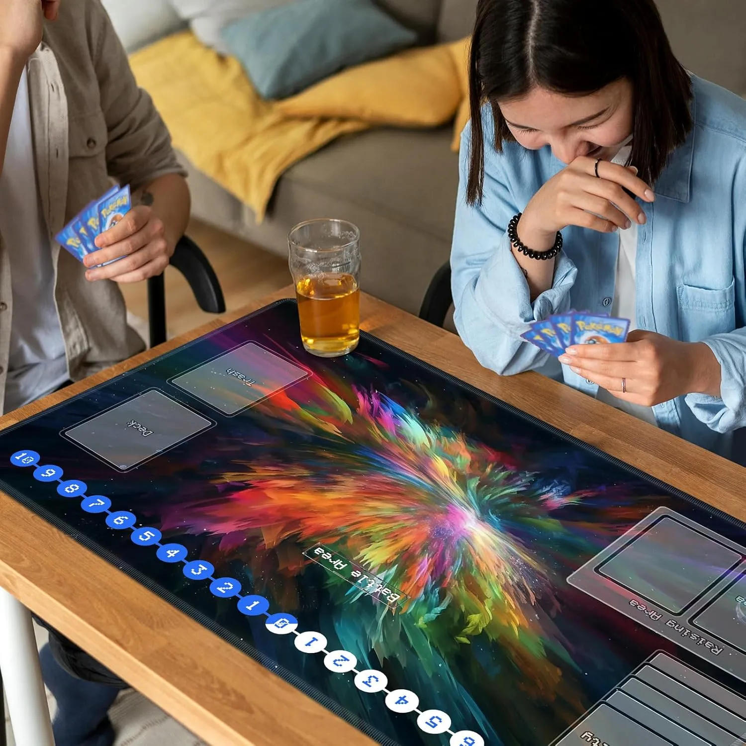 Duel Playma for DTCG, Card Game Mat Non-Slip Rubber Base and Stitched, 24 x 14 in TCG Play Mat with Zones for CCG and Other Card Games, Colorful Paint