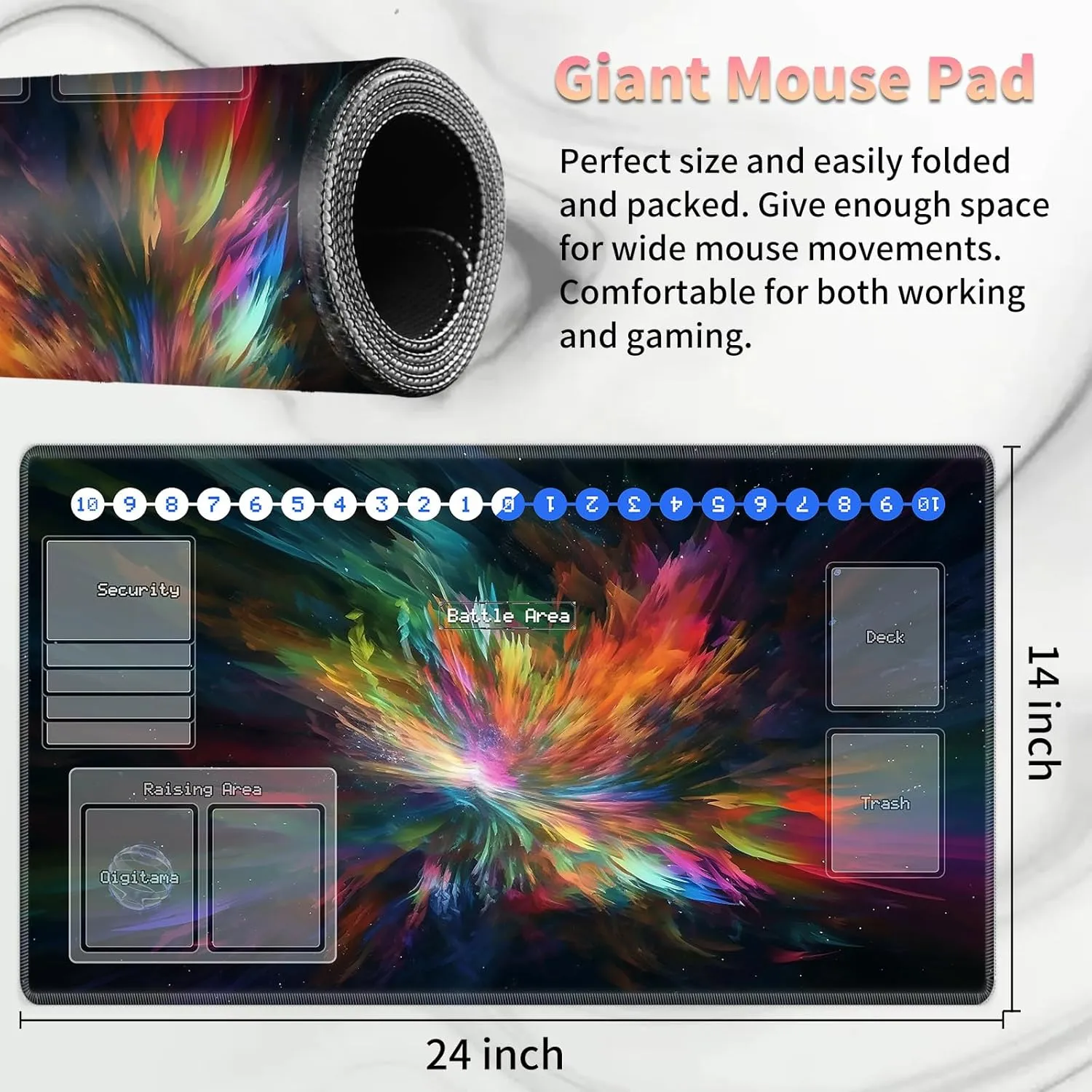 Duel Playma for DTCG, Card Game Mat Non-Slip Rubber Base and Stitched, 24 x 14 in TCG Play Mat with Zones for CCG and Other Card Games, Colorful Paint