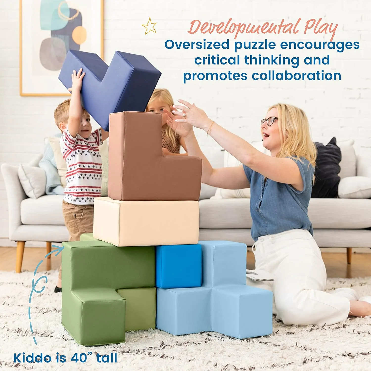 ECR4Kids SoftZone Brainy Building Blocks, Foam Puzzle, Earthtone, 7-Piece
