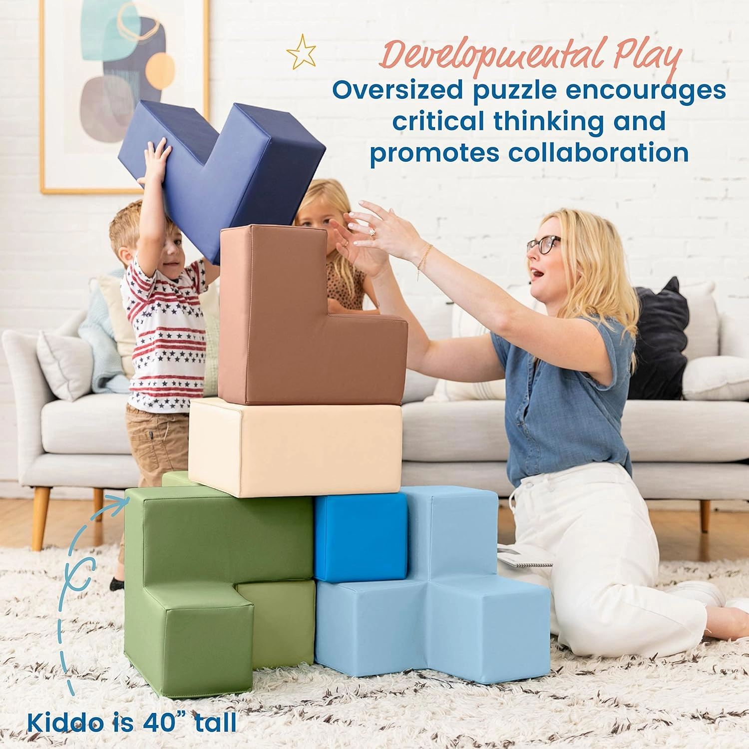 ECR4Kids SoftZone Brainy Building Blocks, Foam Puzzle, Earthtone, 7-Piece