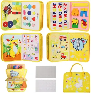Educational Busy Book for Toddlers, Travel Learning Activity Board with Shapes, Letters, Numbers, Life Skills, Clock Learning,Travel-Friendly Yellow Busy Board, 11 x 8.8 inches Felt Playboards