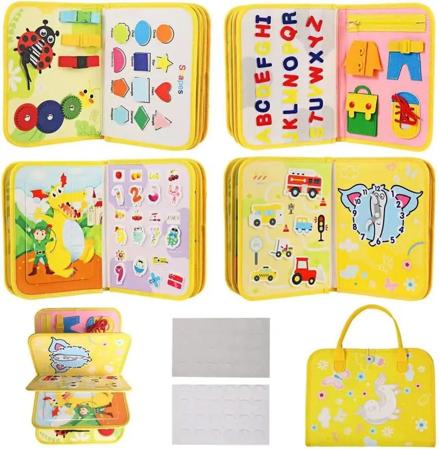 Educational Busy Book for Toddlers, Travel Learning Activity Board with Shapes, Letters, Numbers, Life Skills, Clock Learning,Travel-Friendly Yellow Busy Board, 11 x 8.8 inches Felt Playboards