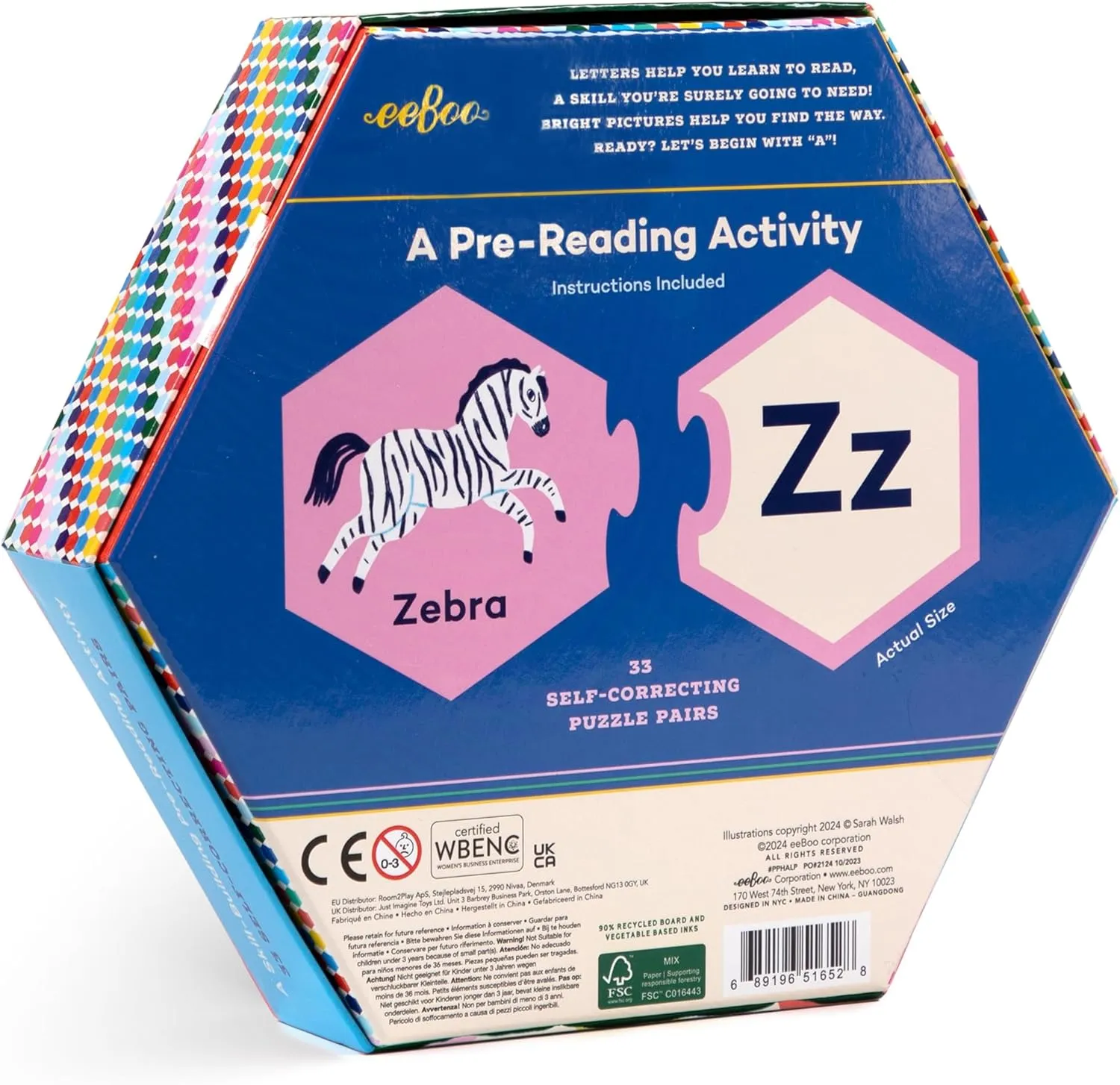 eeBoo: Hexagon Puzzle Pairs - Alphabet - 33 Pairs, Match Pictures to Letters, A Pre-Reading Activity, Educational Preschool Learning, Kids Ages 3 