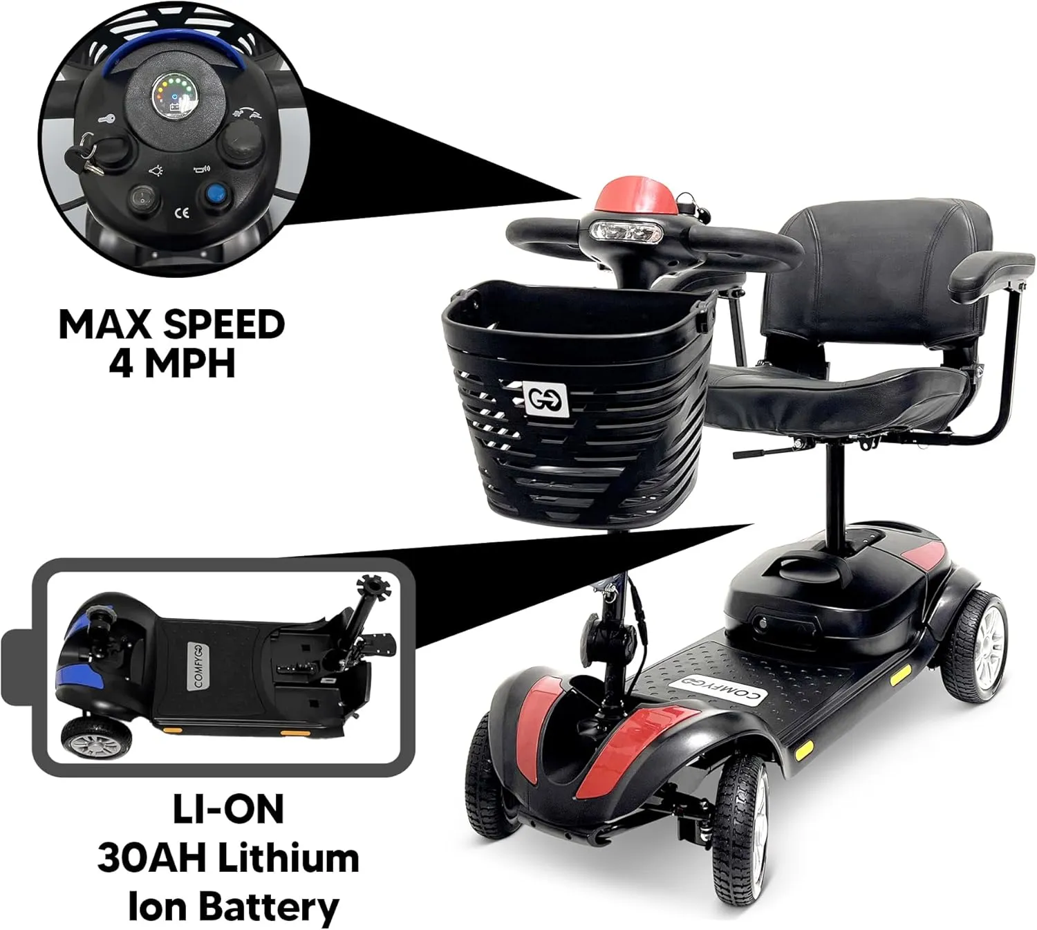 Electric Mobility Scooter Z-4 for Adults,Battery Powered Scooters for Seniors,350 lbs Weight Capacity, Red, Up to 30 Miles Battery Range