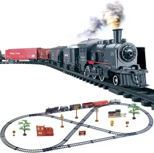 Electric Retro Train Set, Mini Classical Smoking Steam Train Railway Train Playset, Steam Locomotive with Railroad Carriages Long Tracks