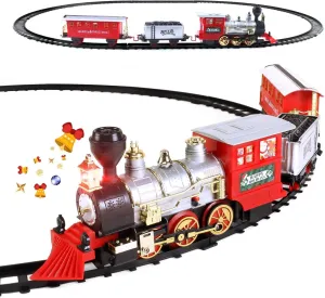 Electric Train Set for Kids w/Headlight, Realistic Sound, Battery-Operated Classic Toy Train, 1 Locomotive, 2 Compartments, 10 Railway Tracks, Gift for Boys Girls Age 4 5 6 7 - Christmas
