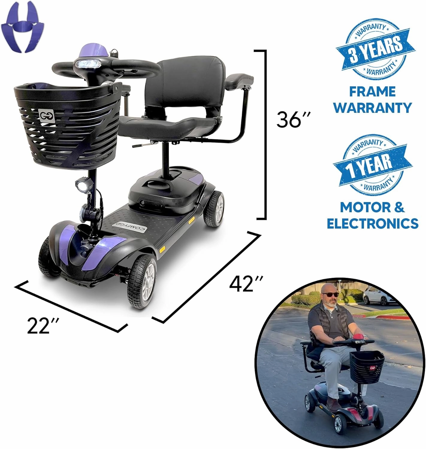 Electric Mobility Scooter Z-4 for Adults,Battery Powered Scooters for Seniors,350 lbs Weight Capacity, Purple, Up to 30 Miles Battery Range