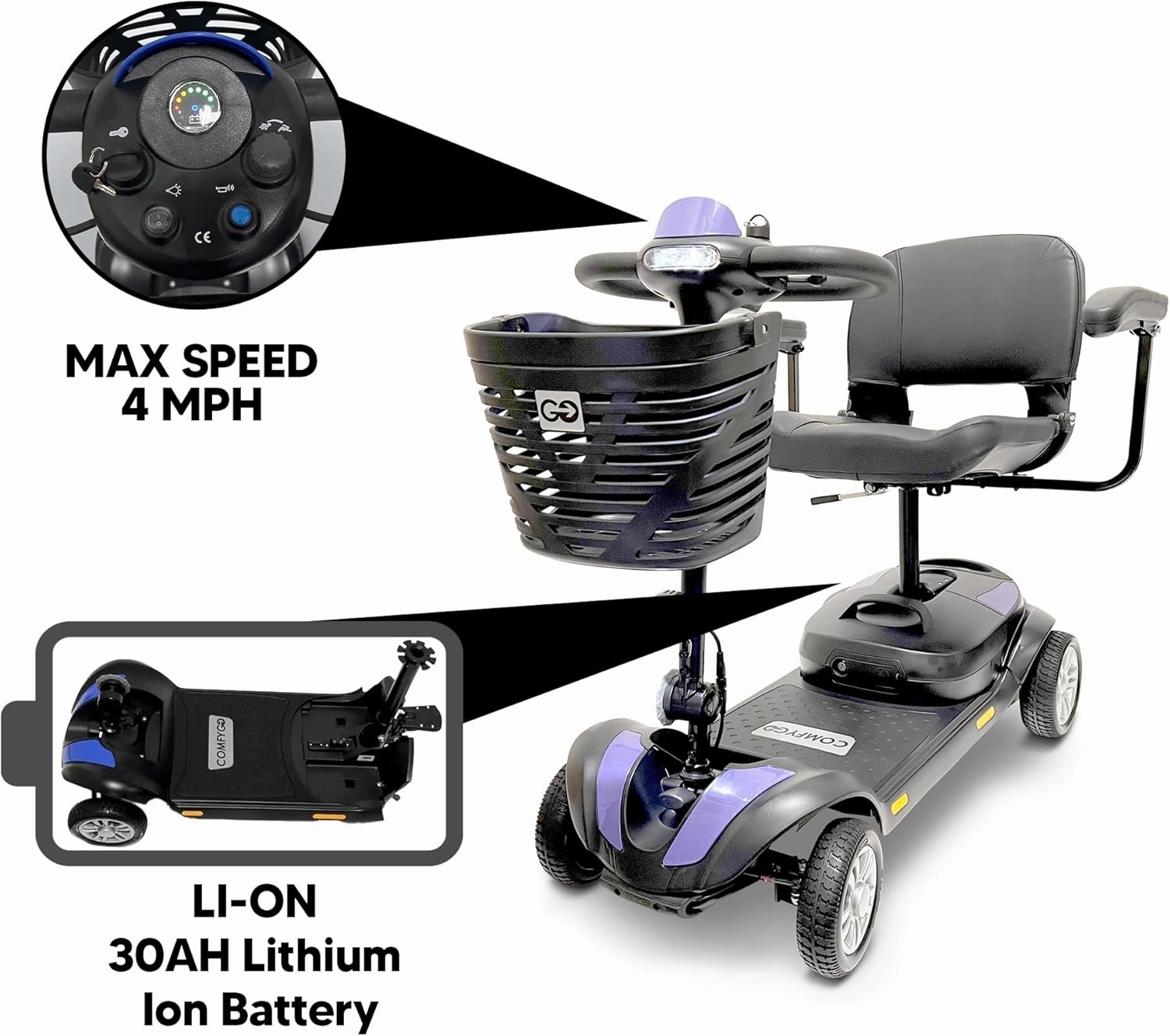Electric Mobility Scooter Z-4 for Adults,Battery Powered Scooters for Seniors,350 lbs Weight Capacity, Purple, Up to 30 Miles Battery Range