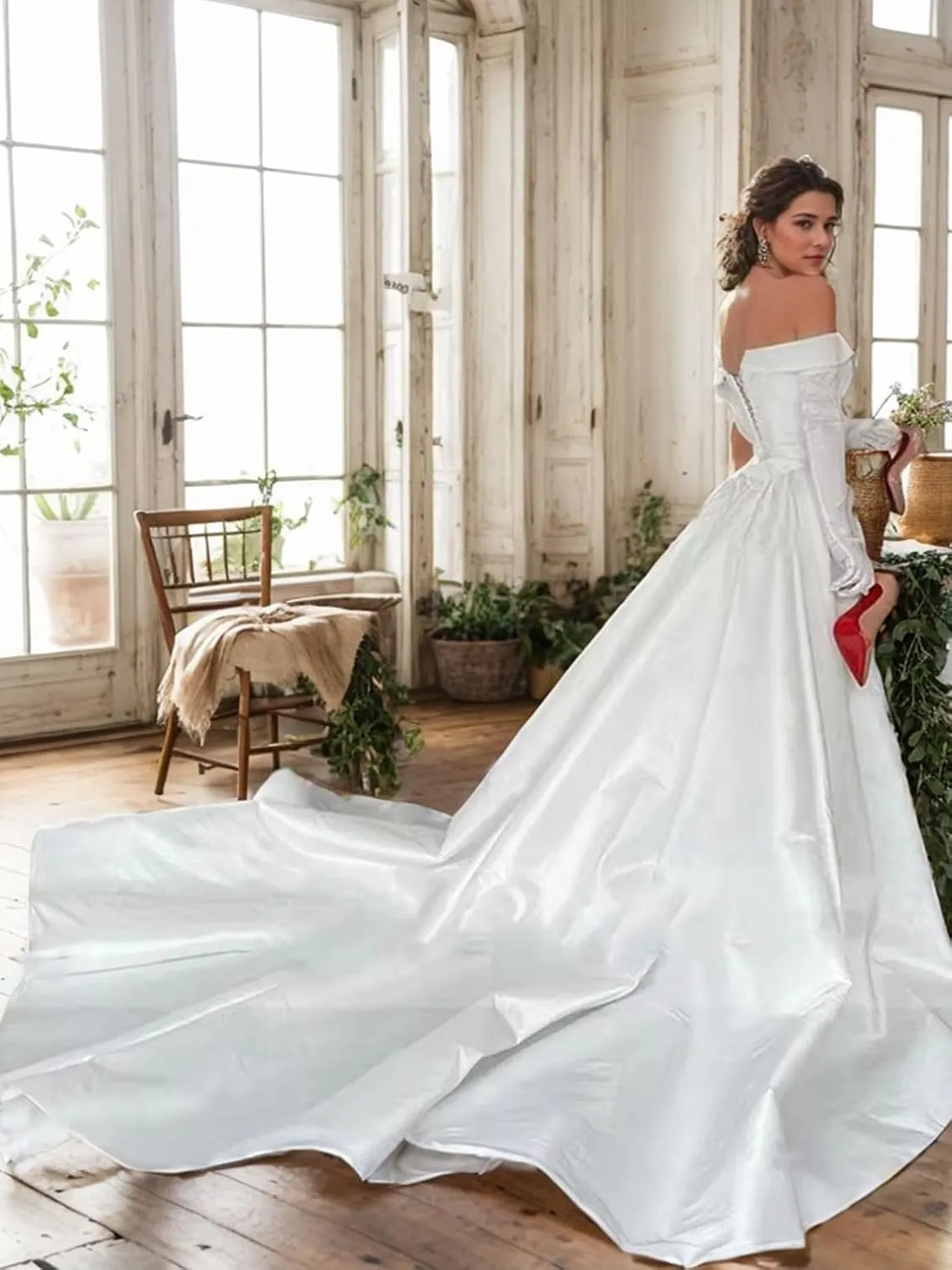 Elegant A-Line Off Shoulder Ivory Satin Wedding Party Gown Perfect Long Sleeve Court Train Formal Evening Gown 2025