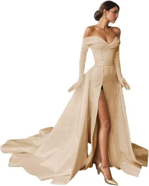 Elegant A-Line Off Shoulder Ivory Satin Wedding Party Gown Perfect Long Sleeve Court Train Formal Evening Gown 2025