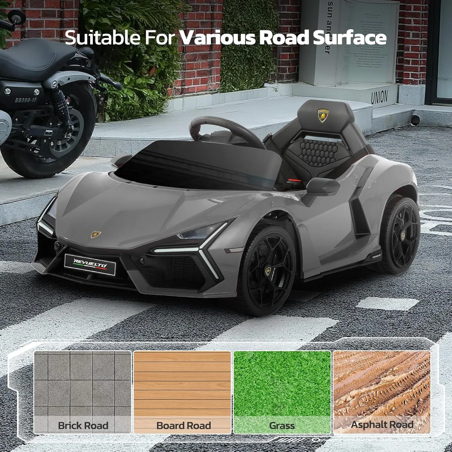 ELEMARA Lamborghini Car for Kids to Drive with Scissor Doors,Kids Car with Parent Remote,12V Electric Cars for Toddlers with Bluetooth,LED Light,MP3 Player and Wide Seat(Silver Gary)