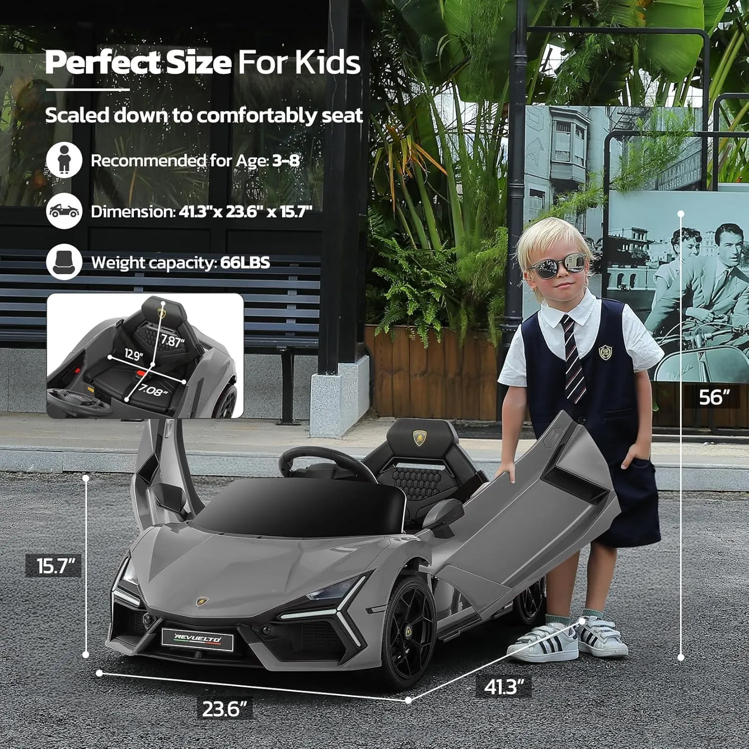 ELEMARA Lamborghini Car for Kids to Drive with Scissor Doors,Kids Car with Parent Remote,12V Electric Cars for Toddlers with Bluetooth,LED Light,MP3 Player and Wide Seat(Silver Gary)