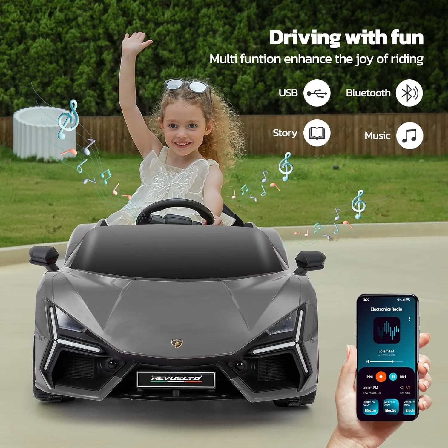 ELEMARA Lamborghini Car for Kids to Drive with Scissor Doors,Kids Car with Parent Remote,12V Electric Cars for Toddlers with Bluetooth,LED Light,MP3 Player and Wide Seat(Silver Gary)