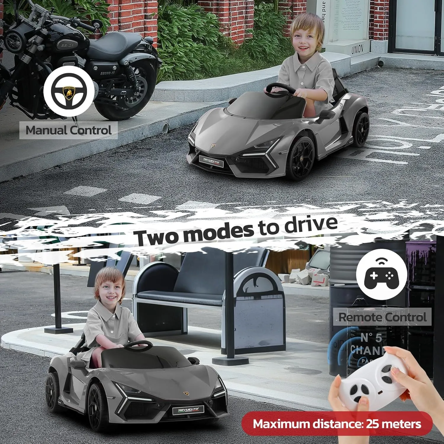 ELEMARA Lamborghini Car for Kids to Drive with Scissor Doors,Kids Car with Parent Remote,12V Electric Cars for Toddlers with Bluetooth,LED Light,MP3 Player and Wide Seat(Silver Gary)