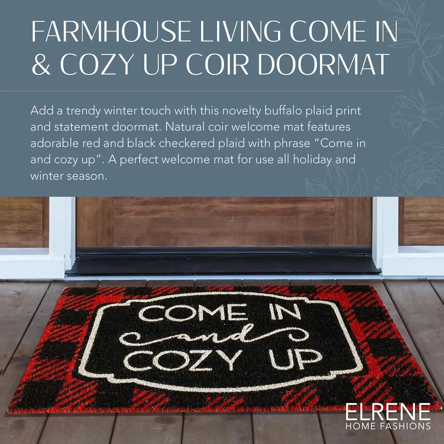 Elrene Home Fashions Farmhouse Living Coir Outdoor Doormat, Natural Entry Mat, Front Door Decor, 18" x 30", Come in and Cozy Up