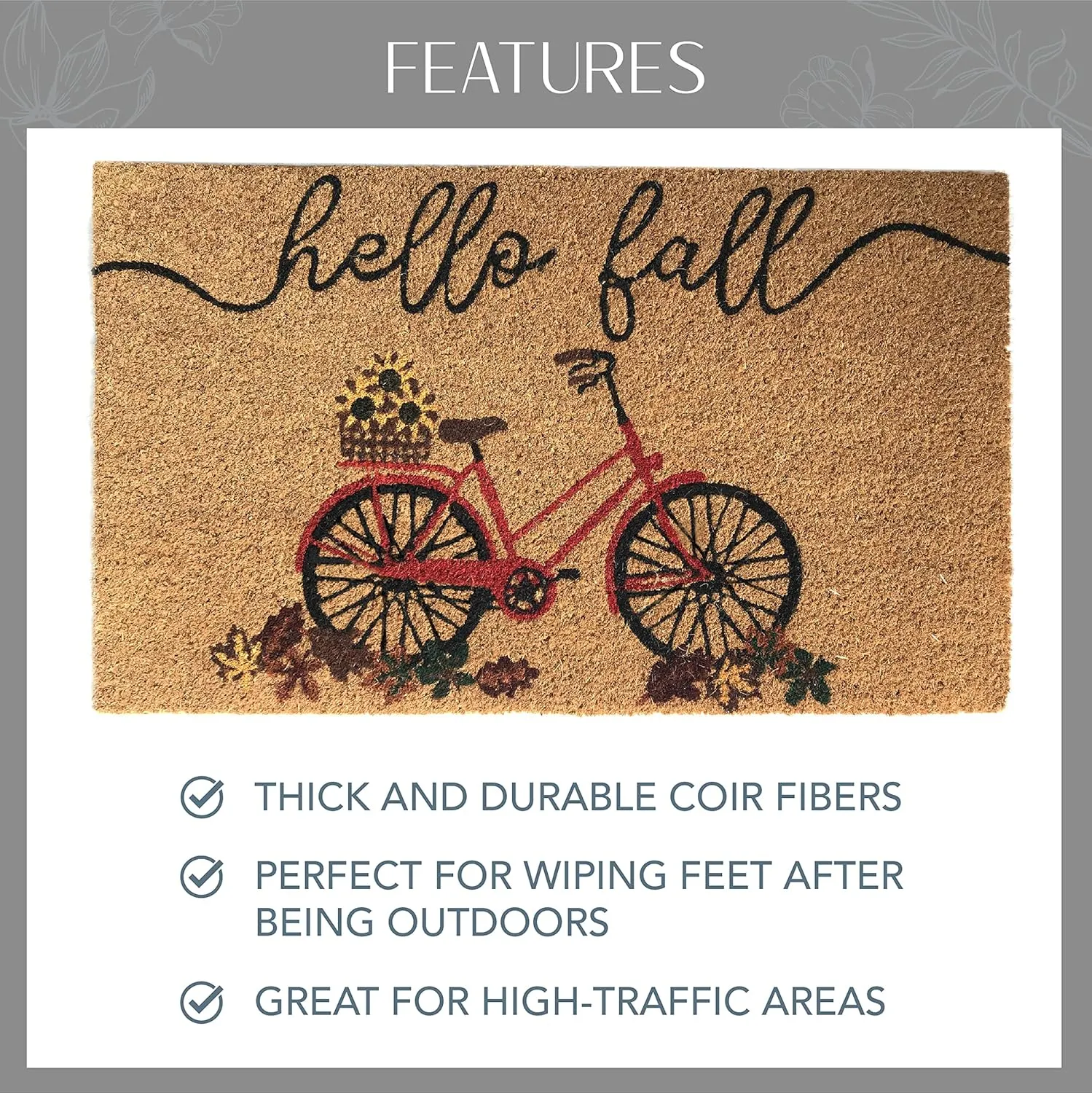 Elrene Home Fashions Farmhouse Living Coir Outdoor Doormat, Natural Entry Mat, Front Door Decor, 18" x 30", Hello Fall Bike