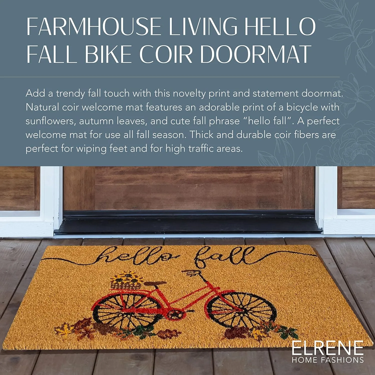 Elrene Home Fashions Farmhouse Living Coir Outdoor Doormat, Natural Entry Mat, Front Door Decor, 18" x 30", Hello Fall Bike