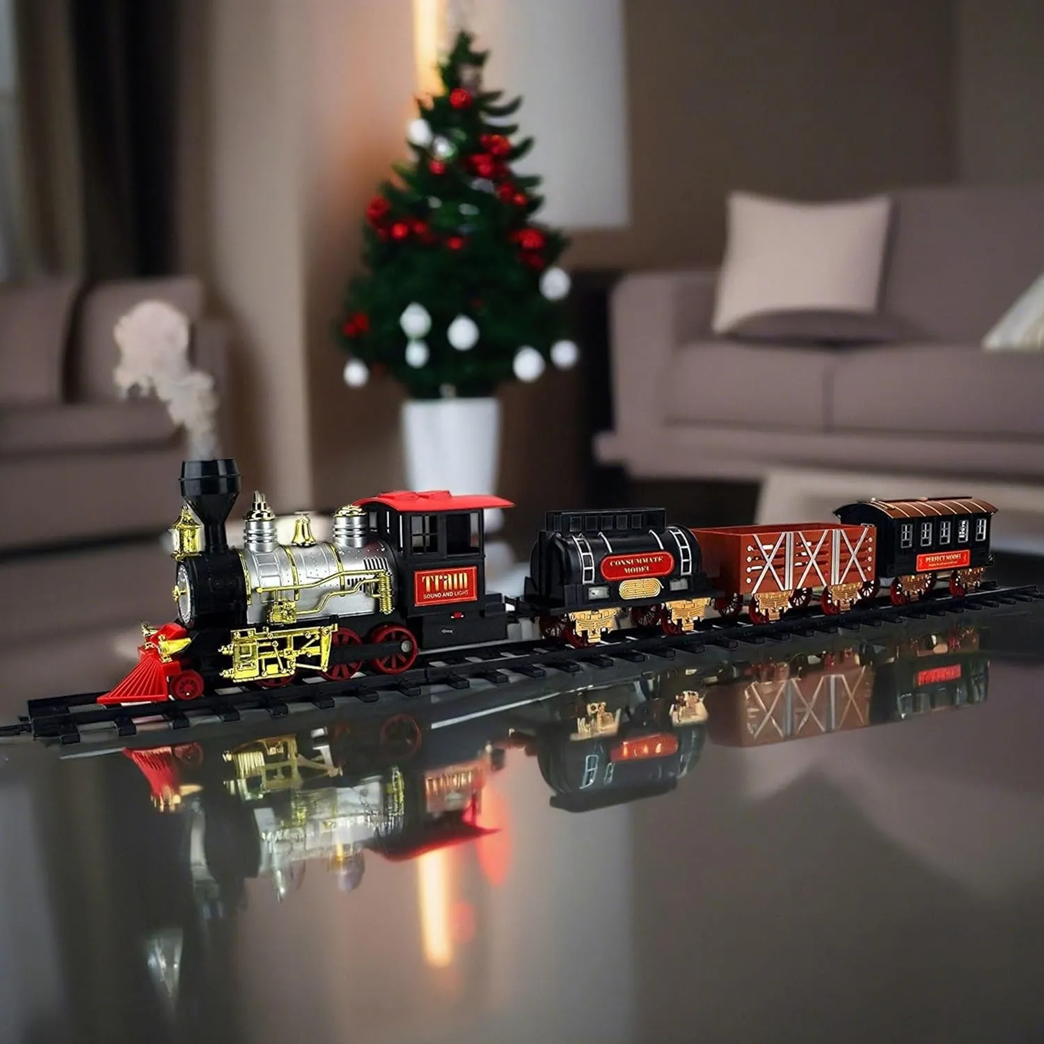Enchanting Christmas Express Toy Train Battery Operated Locomotive Rail Set with Light, Smoke and Whistle - 20 Pieces Toy Train Set for Magical Holidays, Birthdays
