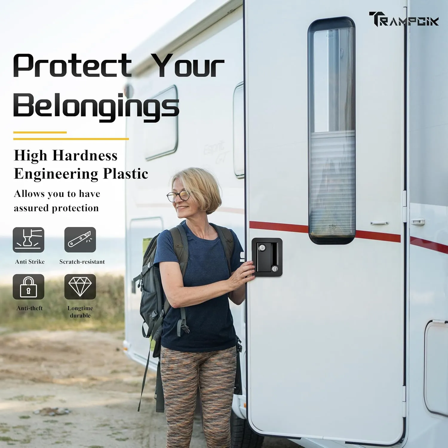 Engineering Plastic Camper Door Lock, RV Door Lock Replacement, Fit 3.65" x 2.95" Hole, for Motorhome,RV Camper,Entrance Front Door, 1 Lock 6 Key Aliked