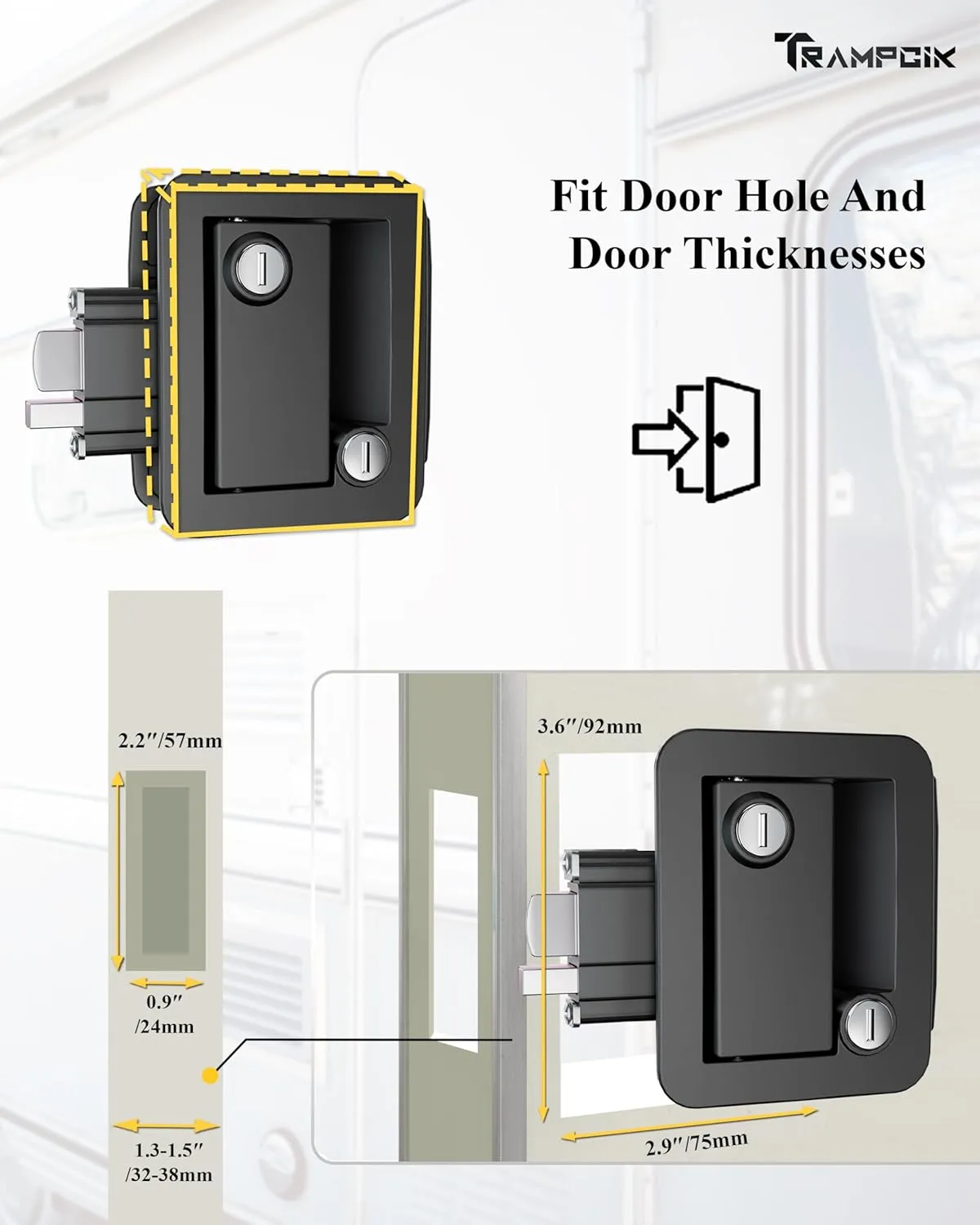 Engineering Plastic Camper Door Lock, RV Door Lock Replacement, Fit 3.65" x 2.95" Hole, for Motorhome,RV Camper,Entrance Front Door, 1 Lock 6 Key Aliked