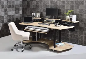 Enhance Your Music Studio with an 83" Music Recording Desk, Spacious Oak Finish with Metal Frame and Mobility Features