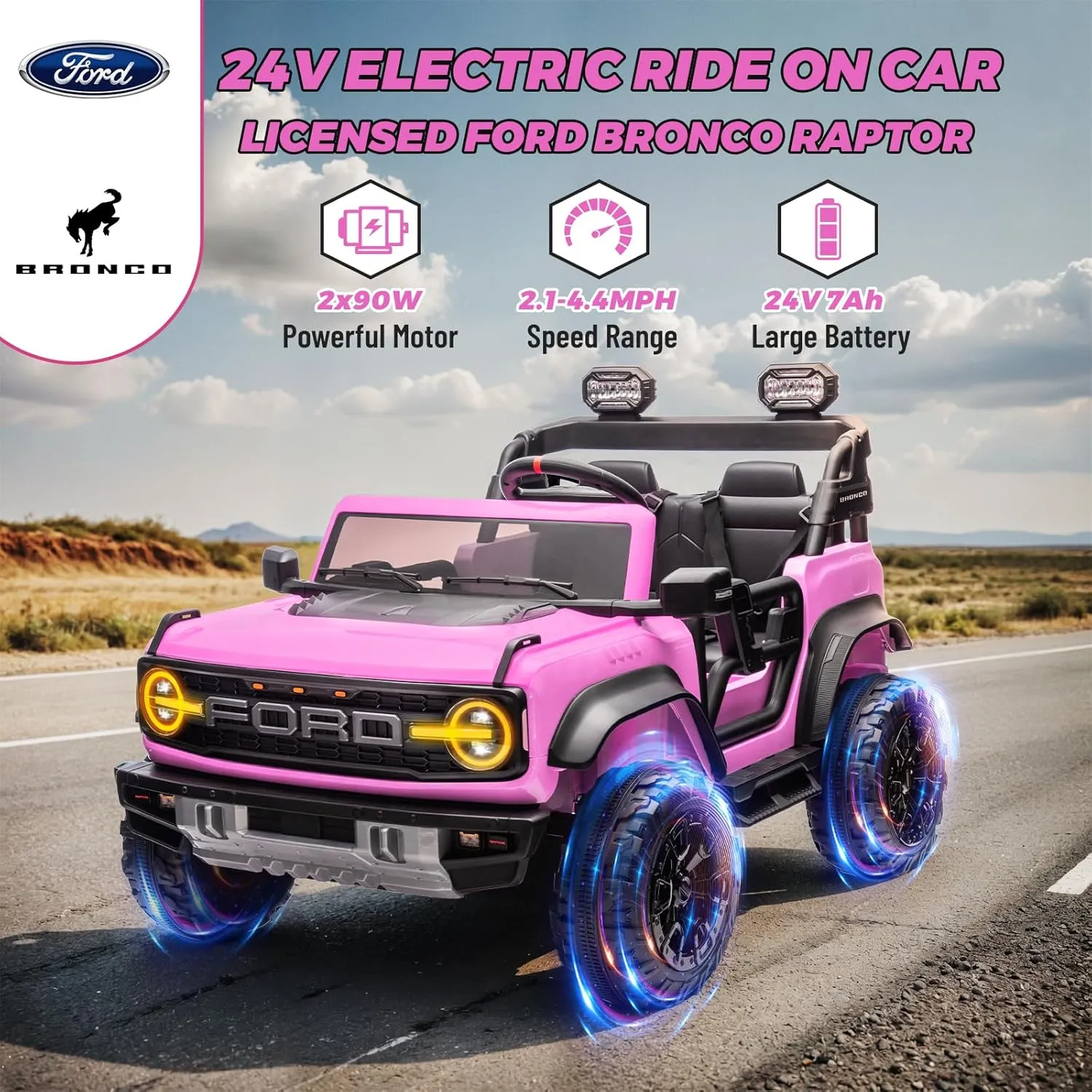ENYOPRO 24V Ride On Toys for Big Kids, Licensed Ford Bronco Raptor 2 Seater Kids Electric Vehicle, Battery Powered Ride On Car Jeeps w/Remote Control, Bluetooth, 3 Speed, LED Lights for Ages 3 , Pink
