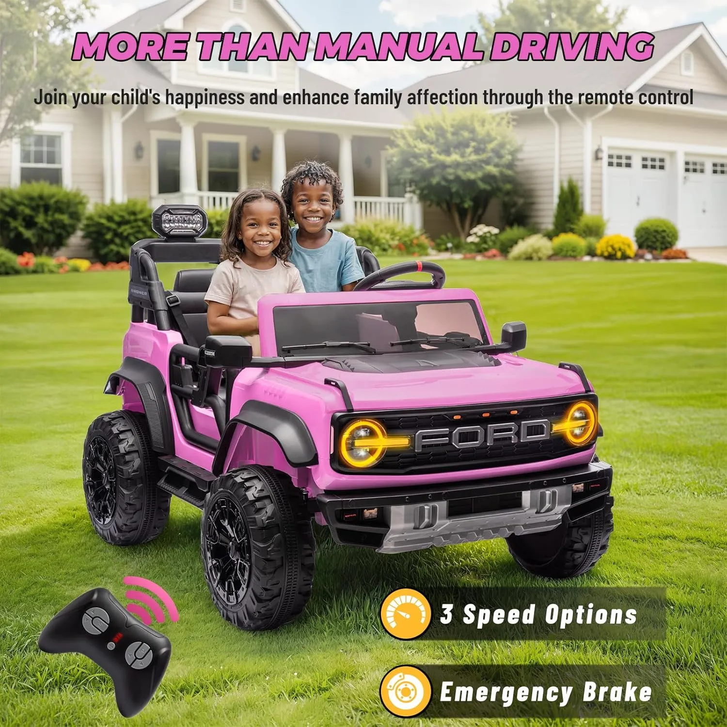 ENYOPRO 24V Ride On Toys for Big Kids, Licensed Ford Bronco Raptor 2 Seater Kids Electric Vehicle, Battery Powered Ride On Car Jeeps w/Remote Control, Bluetooth, 3 Speed, LED Lights for Ages 3 , Pink