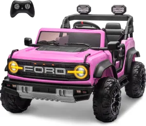 ENYOPRO 24V Ride On Toys for Big Kids, Licensed Ford Bronco Raptor 2 Seater Kids Electric Vehicle, Battery Powered Ride On Car Jeeps w/Remote Control, Bluetooth, 3 Speed, LED Lights for Ages 3 , Pink