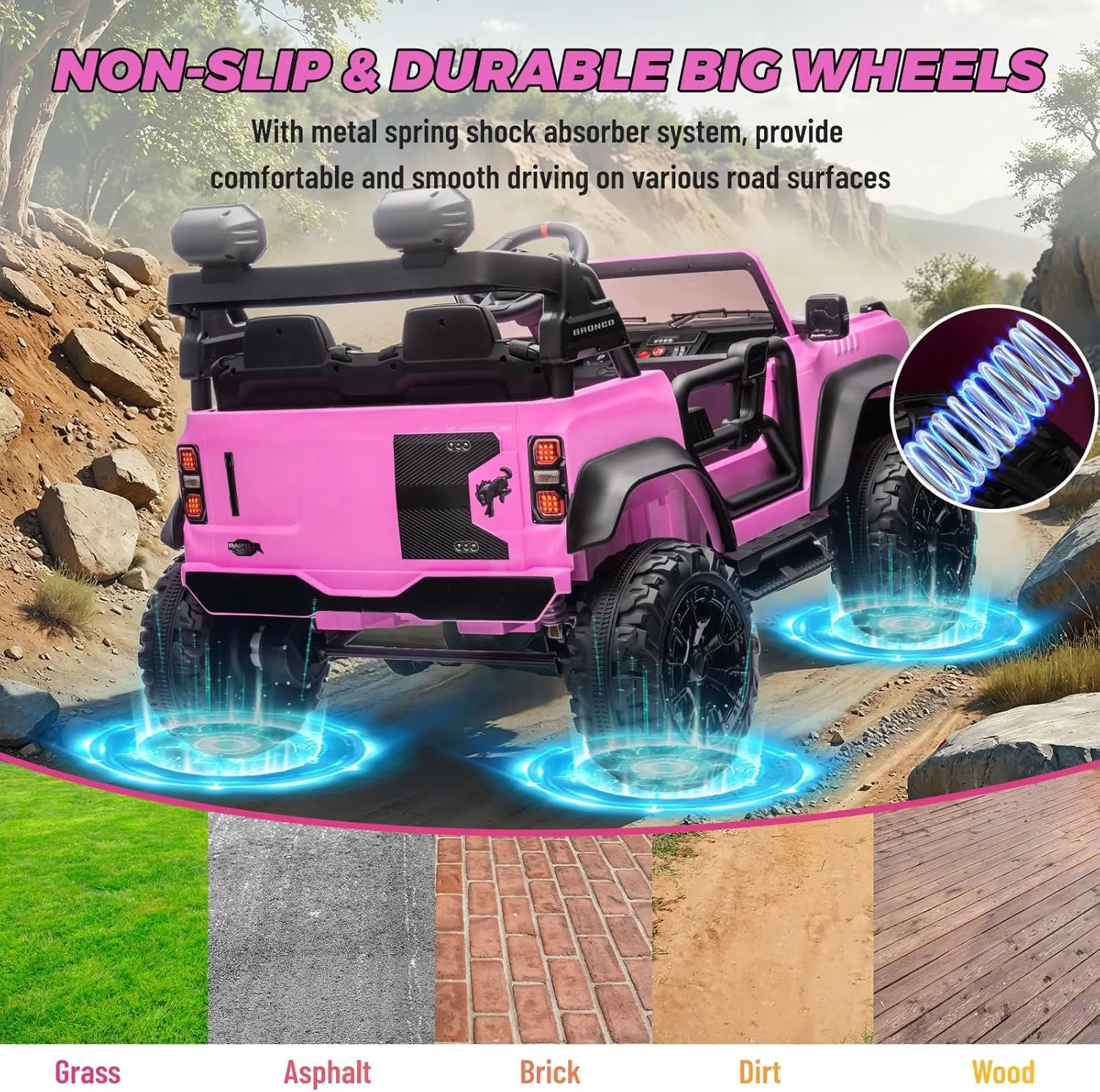 ENYOPRO 24V Ride On Toys for Big Kids, Licensed Ford Bronco Raptor 2 Seater Kids Electric Vehicle, Battery Powered Ride On Car Jeeps w/Remote Control, Bluetooth, 3 Speed, LED Lights for Ages 3 , Pink
