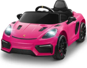 ENYOPRO Licensed Porsche 718 Spyder Ride On Car for Toddlers, 12v Kids Electric Car with Parent Remote Control, Electric Power Vehicle w/Trailer Wheels, Soft Start, Bluetooth/USB/AUX, LED Lights, Pink