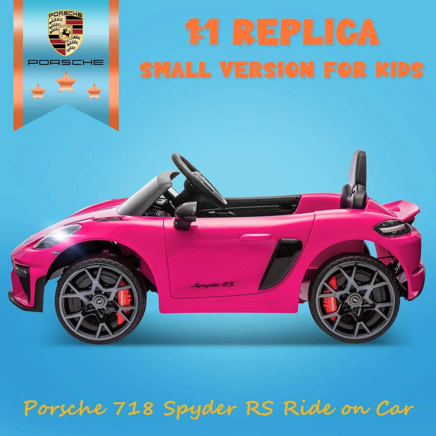 ENYOPRO Licensed Porsche 718 Spyder Ride On Car for Toddlers, 12v Kids Electric Car with Parent Remote Control, Electric Power Vehicle w/Trailer Wheels, Soft Start, Bluetooth/USB/AUX, LED Lights, Pink