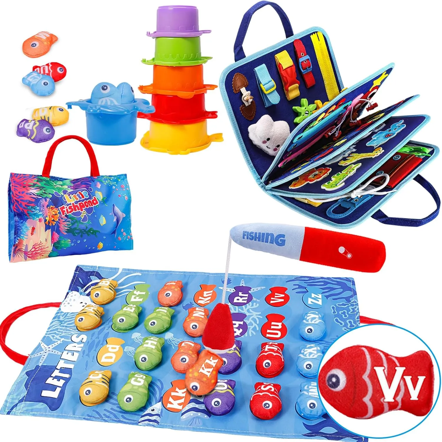 Esjay Fishing Games for Baby and Toddlers with Busy Board(Blue Dinosaur), Montessori Toys Toddlers Gifts