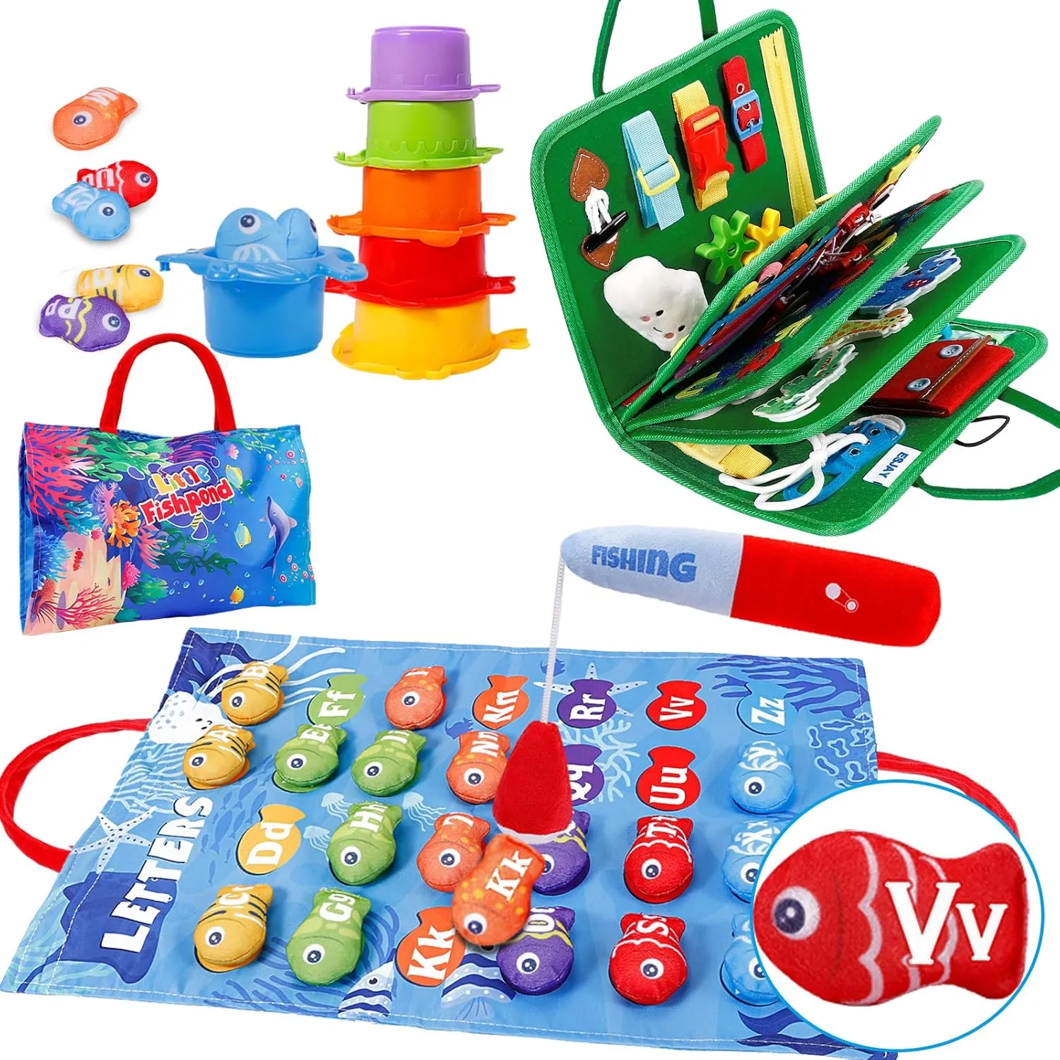 Esjay Fishing Games for Baby and Toddlers with Busy Board(Green Dinosaur), Montessori Toys Toddlers Gifts