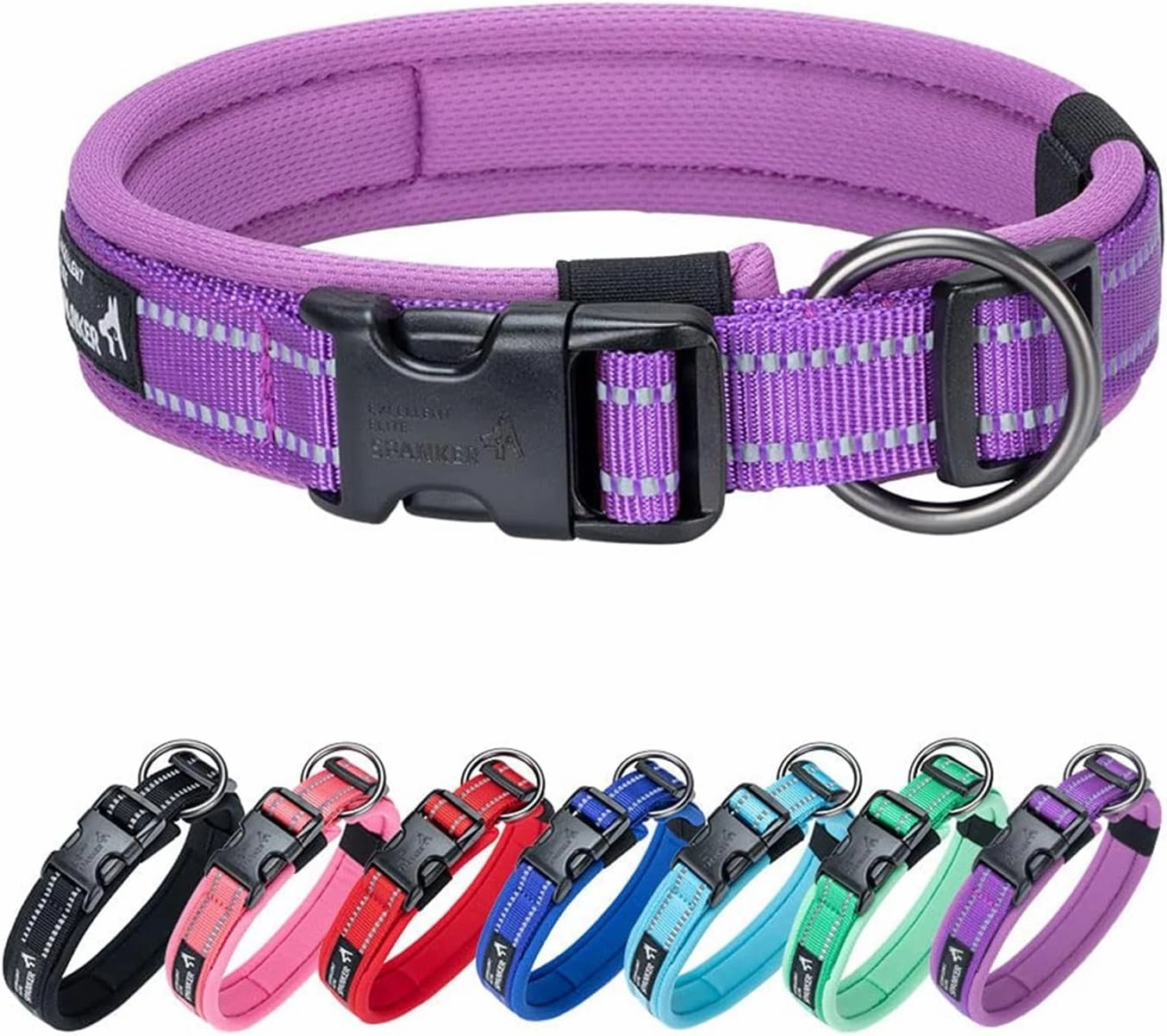 EXCELLENT ELITE SPANKER Reflective Dog Collar Classic Soft Padded Breathable Nylon Adjustable Pet Collar with Quick Release Buckle for Boy Girl Male Female Small Medium Large Dogs Training(Purple-L)