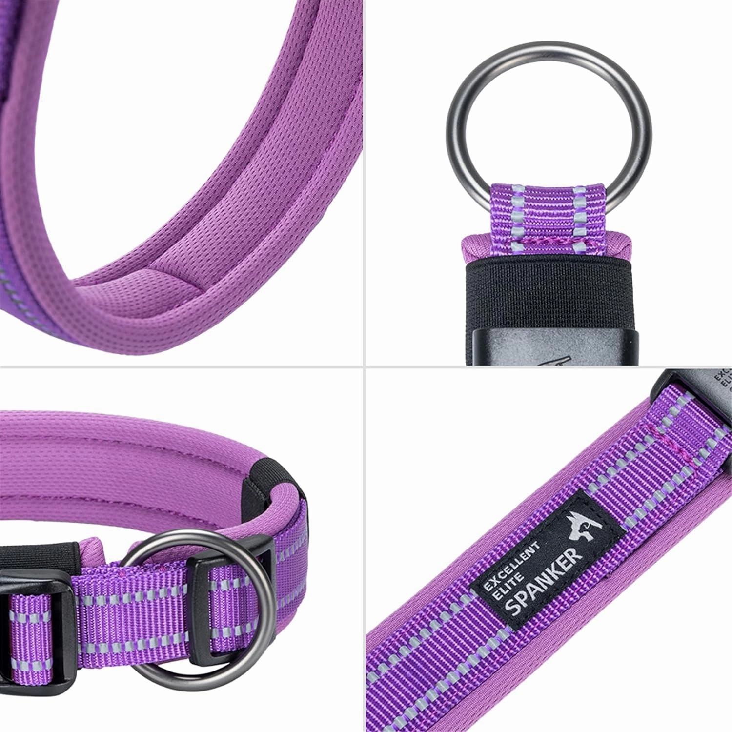 EXCELLENT ELITE SPANKER Reflective Dog Collar Classic Soft Padded Breathable Nylon Adjustable Pet Collar with Quick Release Buckle for Boy Girl Male Female Small Medium Large Dogs Training(Purple-L)
