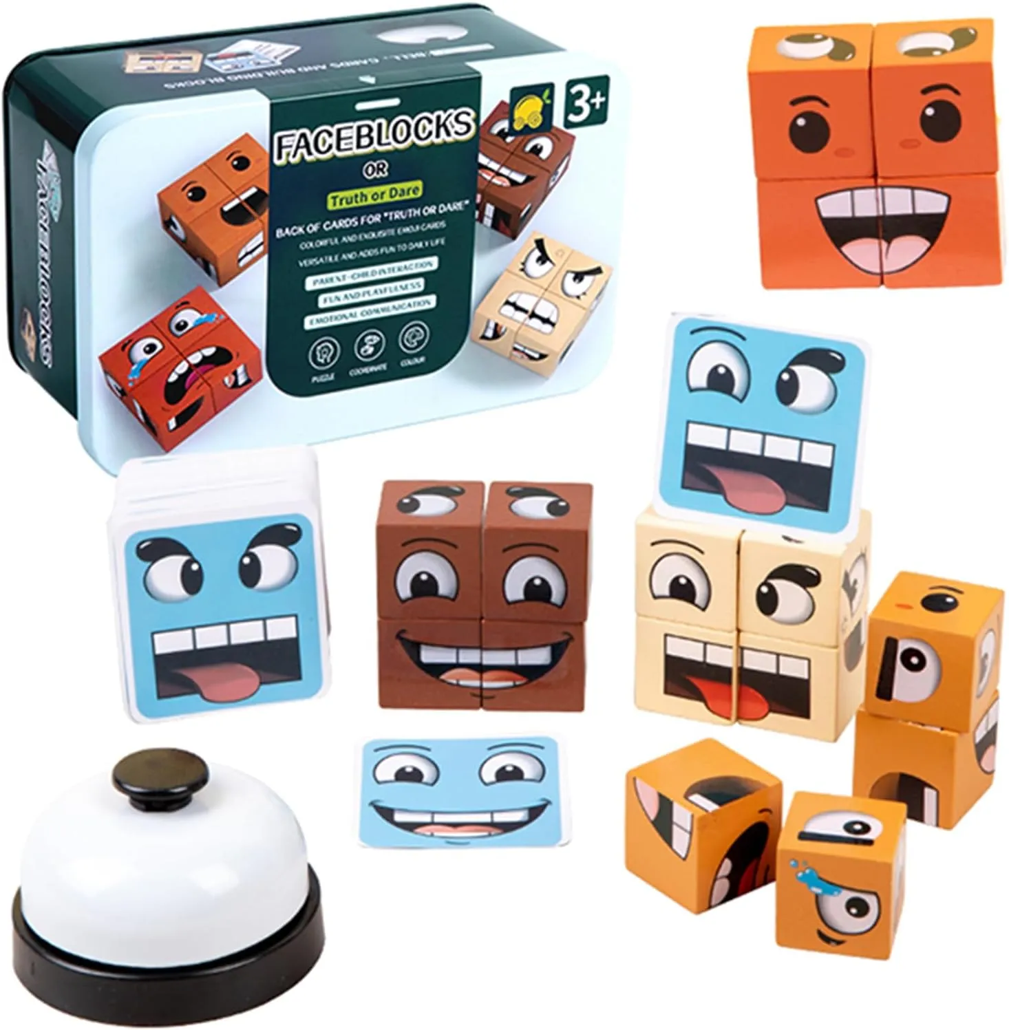 Face Changing Magic Cube Game, Fun Brain Teaser for Kids and Adults with Bell, Wooden Expressions Matching Block Puzzles, Face Blocks Game with Truth or Dare