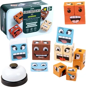 Face Changing Magic Cube Game, Fun Brain Teaser for Kids and Adults with Bell, Wooden Expressions Matching Block Puzzles, Face Blocks Game with Truth or Dare