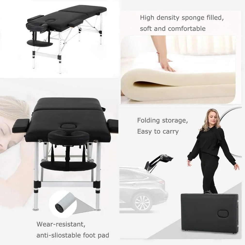 FDW Massage Table Portable Massage Bed Spa Bed 73 Inch Aluminium Lash Bed with Non-Woven Bag Face Cradle Carry Case Height Adjustable 2 Fold Portable Facial Salon Tattoo Bed (Black)