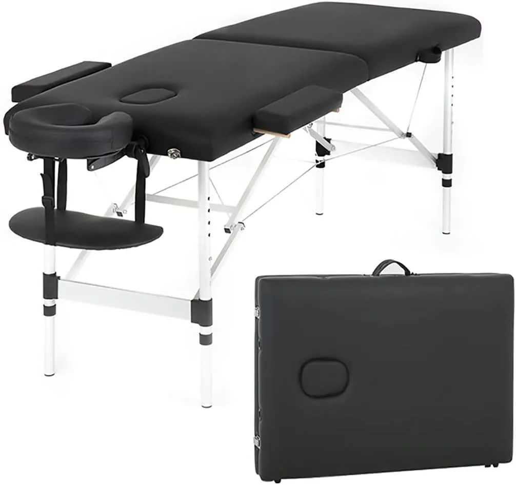 FDW Massage Table Portable Massage Bed Spa Bed 73 Inch Aluminium Lash Bed with Non-Woven Bag Face Cradle Carry Case Height Adjustable 2 Fold Portable Facial Salon Tattoo Bed (Black)