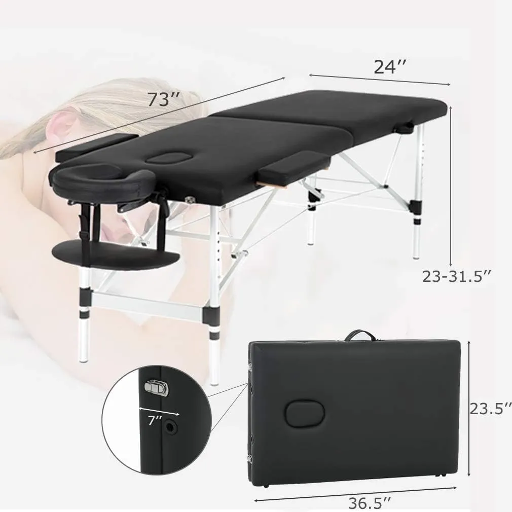 FDW Massage Table Portable Massage Bed Spa Bed 73 Inch Aluminium Lash Bed with Non-Woven Bag Face Cradle Carry Case Height Adjustable 2 Fold Portable Facial Salon Tattoo Bed (Black)