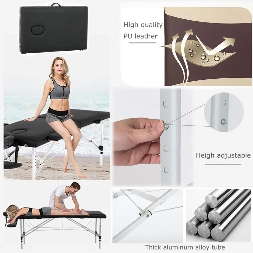 FDW Massage Table Portable Massage Bed Spa Bed 73 Inch Aluminium Lash Bed with Non-Woven Bag Face Cradle Carry Case Height Adjustable 2 Fold Portable Facial Salon Tattoo Bed (Black)