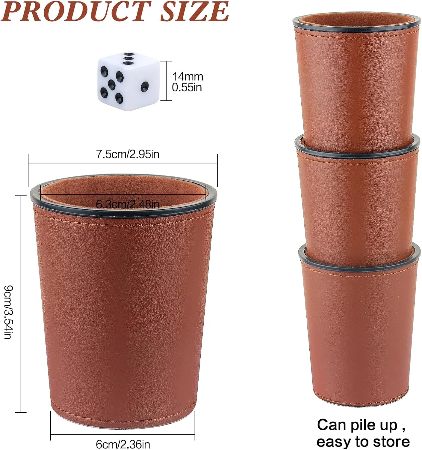 Felt-Lined PU Leather Dice Cup Set, 6 Quiet Shaker Cups With 36 Dice for Bar Party Yahtzee Farkle Games, Dark Brown