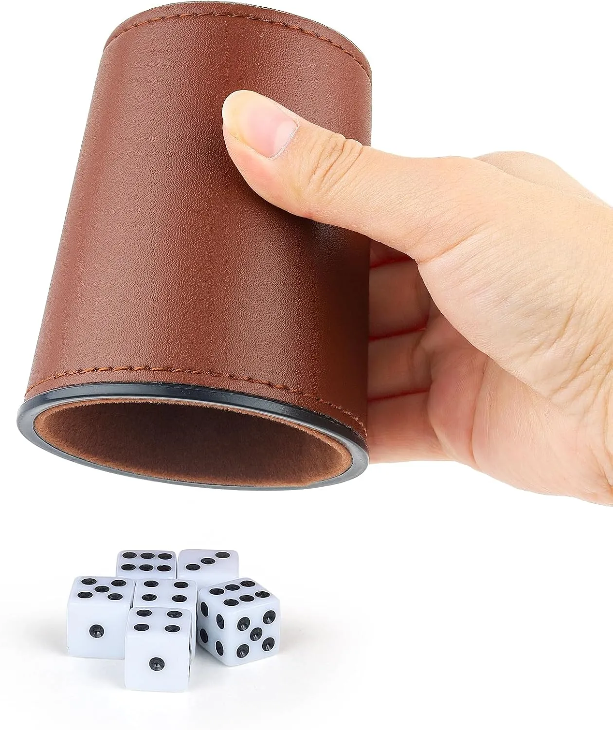 Felt-Lined PU Leather Dice Cup Set, 6 Quiet Shaker Cups With 36 Dice for Bar Party Yahtzee Farkle Games, Dark Brown
